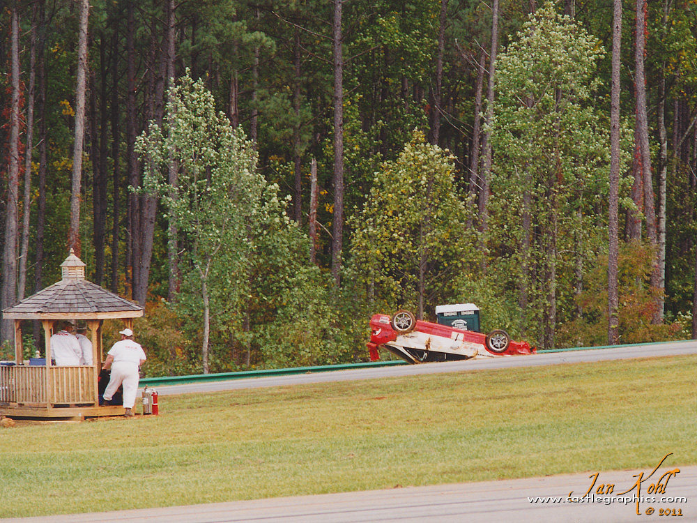 Pierre Kleinubing wreck @ VIR 5
...until it comes to rest in a timely manner (& location) for Pierre to get out and change his pants.  He wasn't hurt, the car was repaired, and he ended up winning the race the next day.
