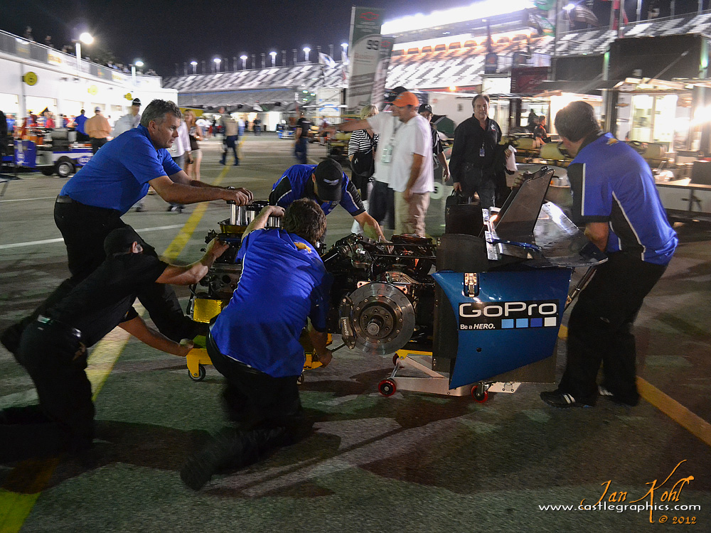 Thursday Practice: Remove and Replace
The #90 Spirit of Daytona Corvette team remove the rear axle assembly from the car.
Keywords: 2012 Rolex 24