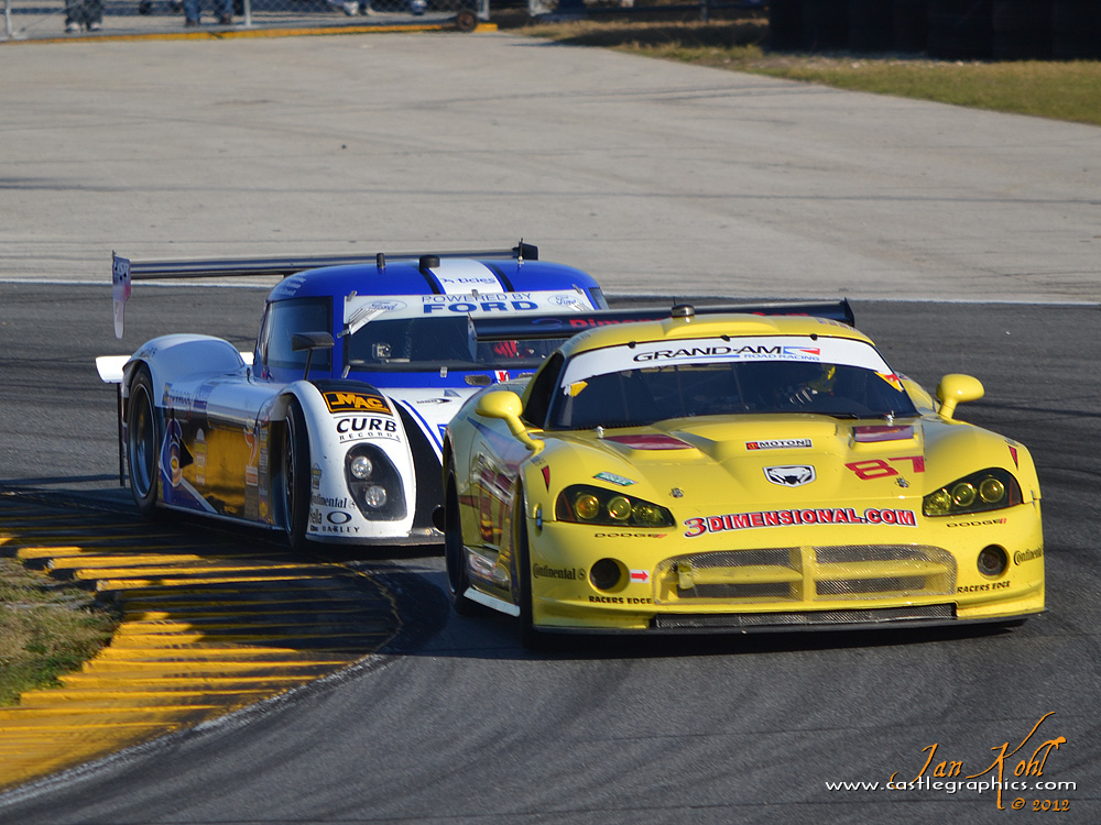 Rolex 24, Saturday: Snakebit...again.
The lone Viper didn't fare as well as the lone Mustang or lone (GT) Corvette.  The Viper made 101 laps, while the Corvette managed 172 and the Mustang got to 256.  The leading GT Porsche made 727 laps.
Keywords: 2012 Rolex 24