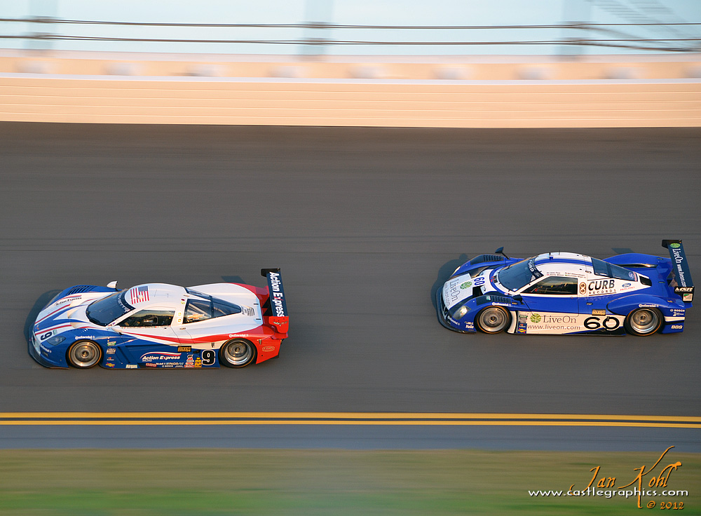 Rolex 24, Saturday: Prototype chase...
Sun sinking, and the #60 Shank Racing Ford/Riley keeps pace with the #9 Action Express Corvette.
Keywords: 2012 Rolex 24