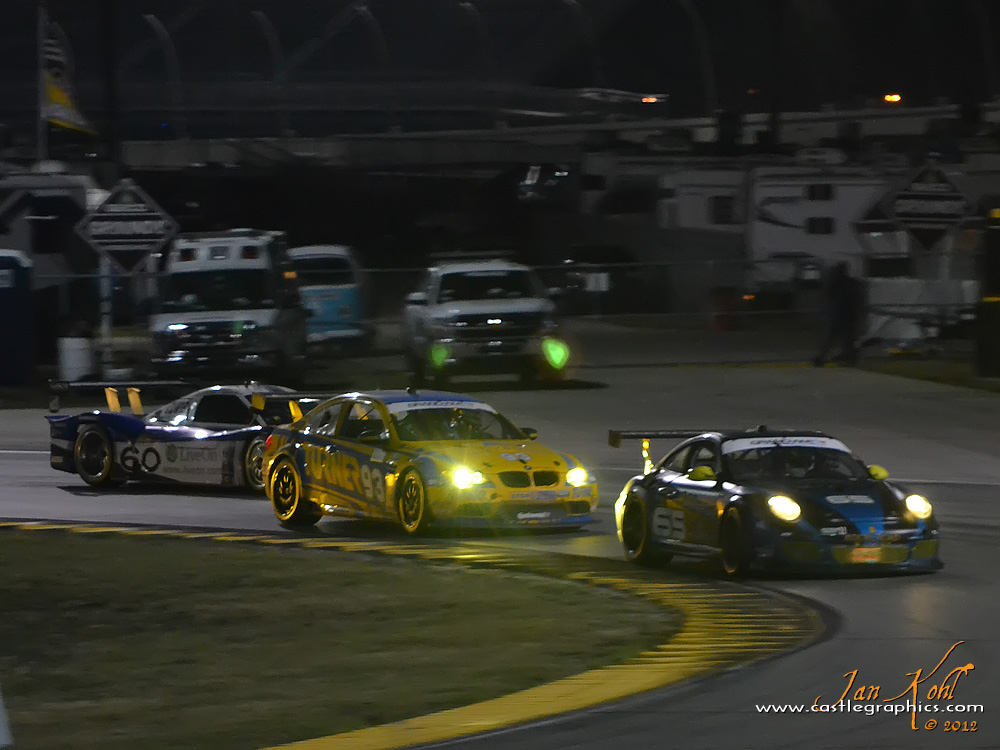 Rolex 24, Nighttime: 2 AM traffic
These GT cars fight in front of a Daytona prototype at 3 AM in the infield.  You cannot let your attention waver for a moment.
Keywords: 2012 Rolex 24