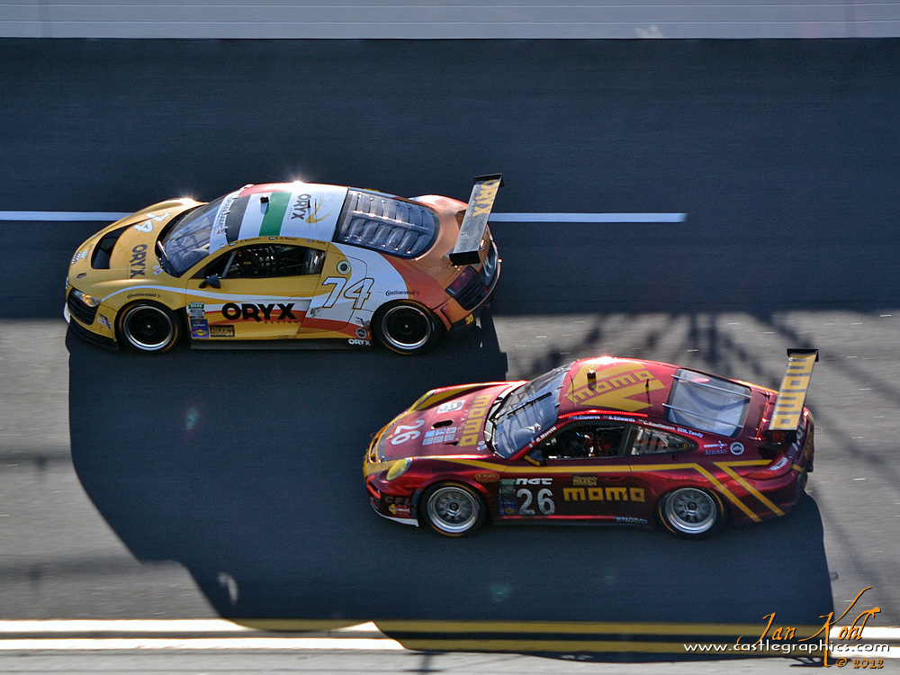 Rolex 24, Sunday: Audi vs Porsche
The two German manufacturers vie for position on the high-banks in the late afternoon.
Keywords: 2012 Rolex 24