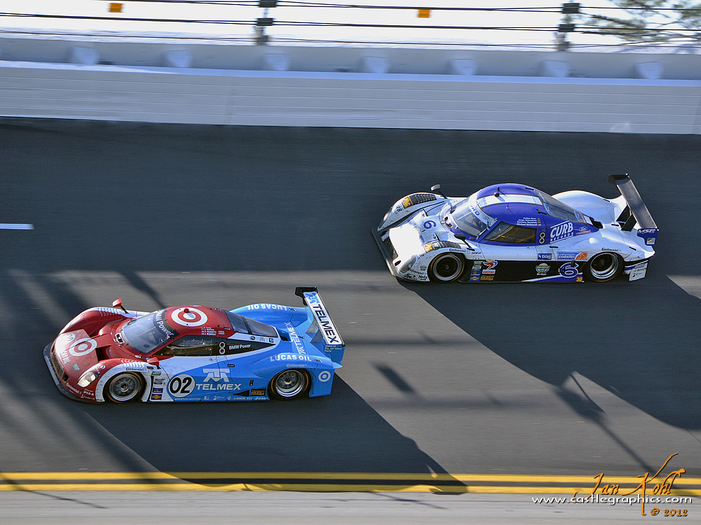 Rolex 24, Sunday: Prototype racing
The #02 3rd Gen Daytona Prototype Chevrolet Corvette races against the 2nd Generation #6 Riley/Ford.  The older #6 took 3rd, while the Corvette came in 4th.
Keywords: 2012 Rolex 24