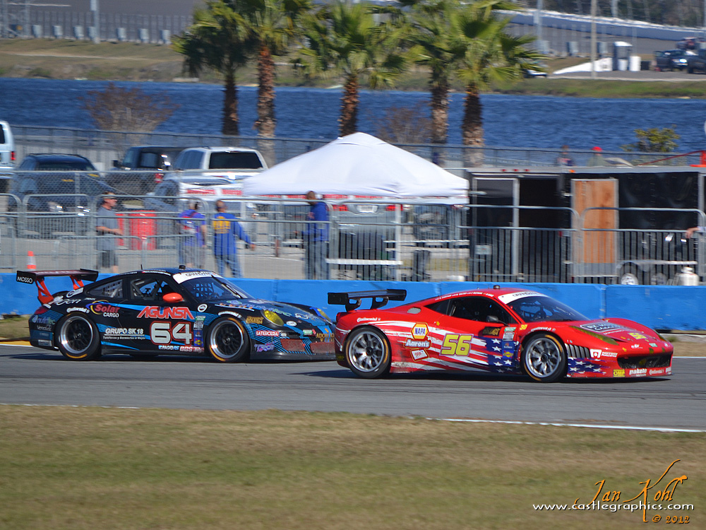 Rolex 24, Sunday: Outbraking...
The #64 Porsche tries to outbrake the #56 Ferrari on the outside.
Keywords: 2012 Rolex 24
