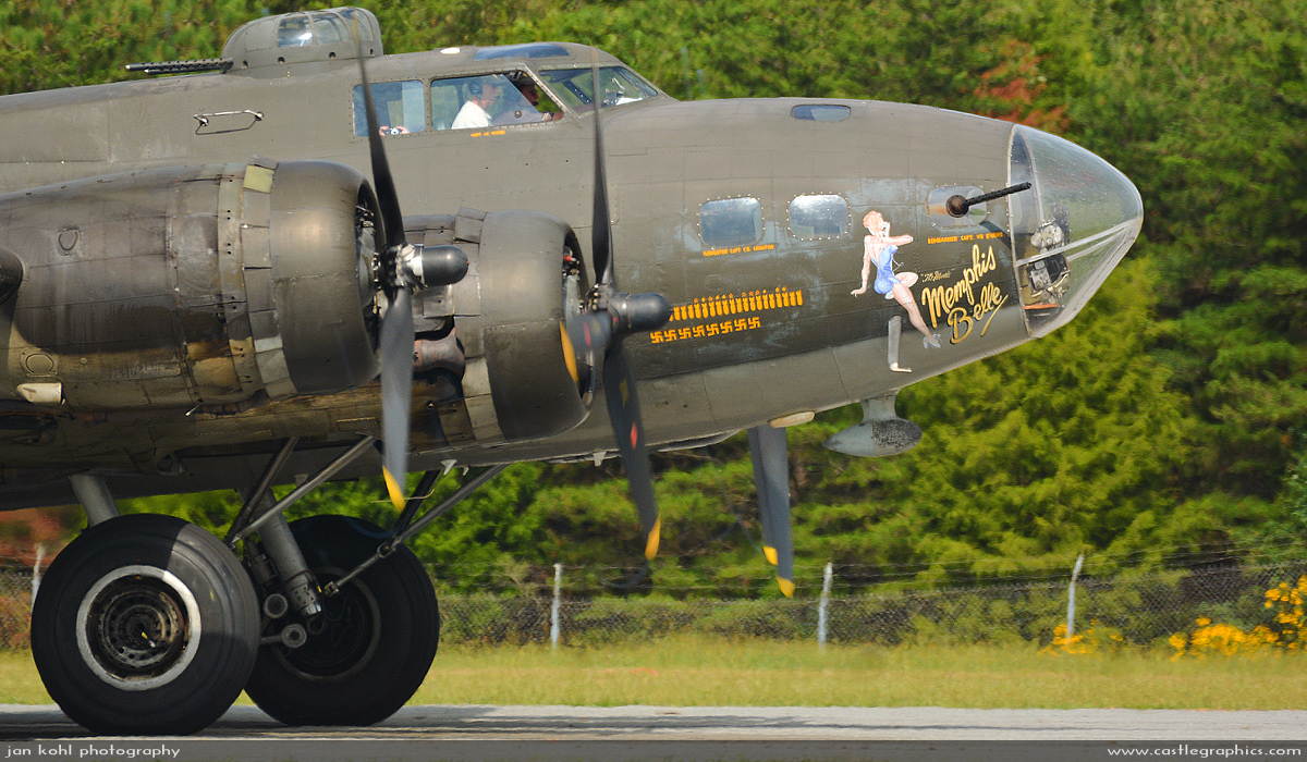 B-17G "Memphis Belle"
Flying Fortress prepares for takeoff at Winston Salem airshow.  This B-17G is actually not the "real" Memphis Belle, but a different one made to replicate the original B-17F and was also used in the movie of the same name.
