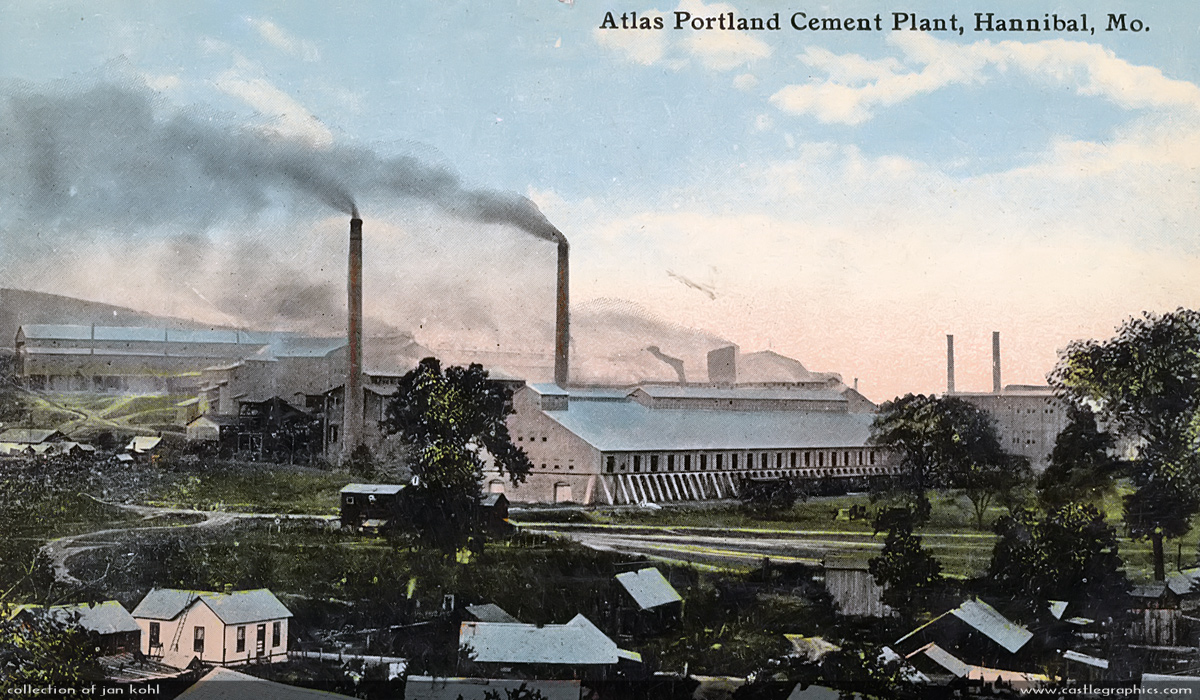Atlas-Portland Cement, Hannibal, MO
An old postcard of the Atlas-Portland Cement plant in Hannibal, Missouri.  The Hannibal Connecting Railroad provided the service for this plant and the other railroads that served Hannibal.
