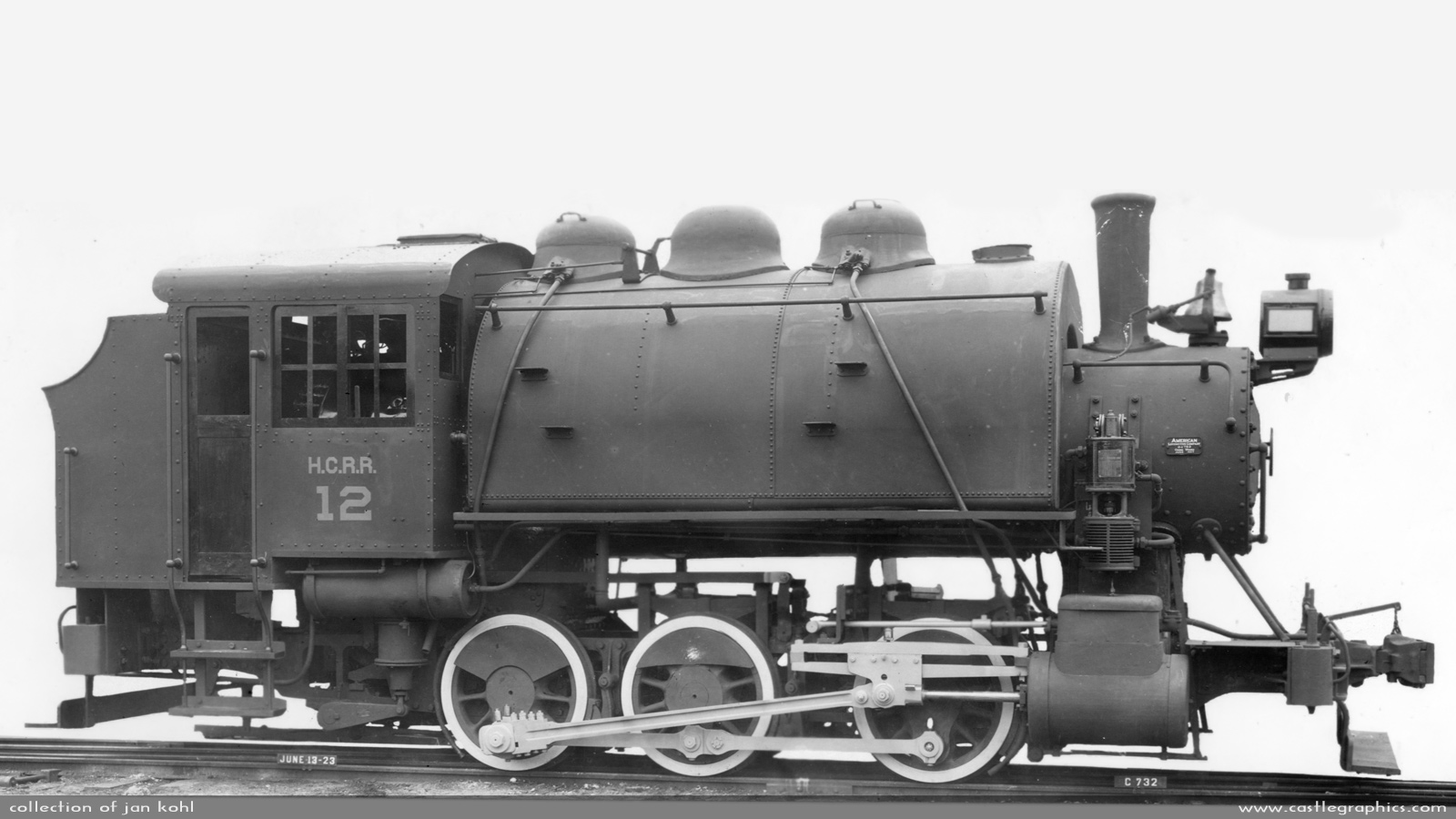 Hannibal Connecting Railroad tank engine builder's photo
HCRR #12 as it appears the builder's photo in 1923, when it was built new at the American Locomotive Company.  It had a tractive effort of 24200 lbs.
