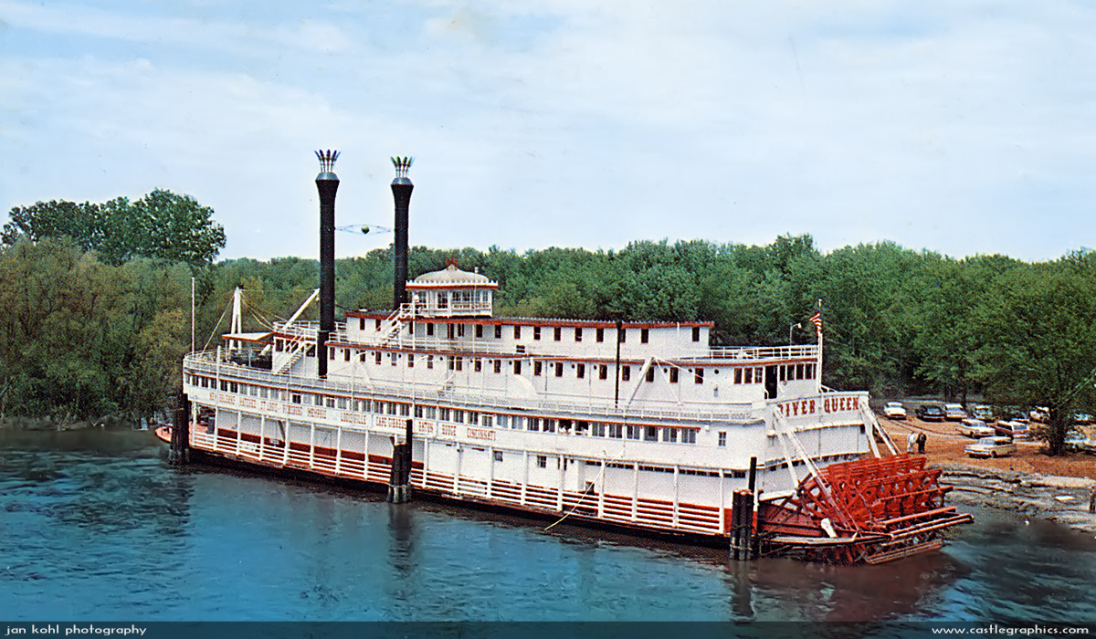 River Queen in 1963
The River Queen was built in 1923 as the Cape Girardeau, and served many years in other locations.  The steamship appeared in  Gone with the Wind as the Gordon C. Greene, and was finally named River Queen in the late 1950s.  It was bought for less than $50k and brought to Hannibal in 1961, where it served until 1964.  In December 1967, the 50 year old steamboat sank to the bottom of the Mississippi at the. docks at St. Louis, and unfortunately could not be recovered.
