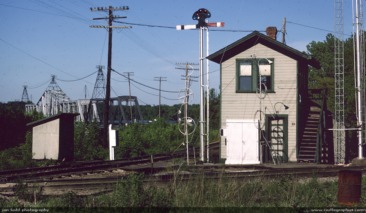 Illinois Central/Burlington Northern tower 1975
The IC/BN tower looking east towards Illinois. 
