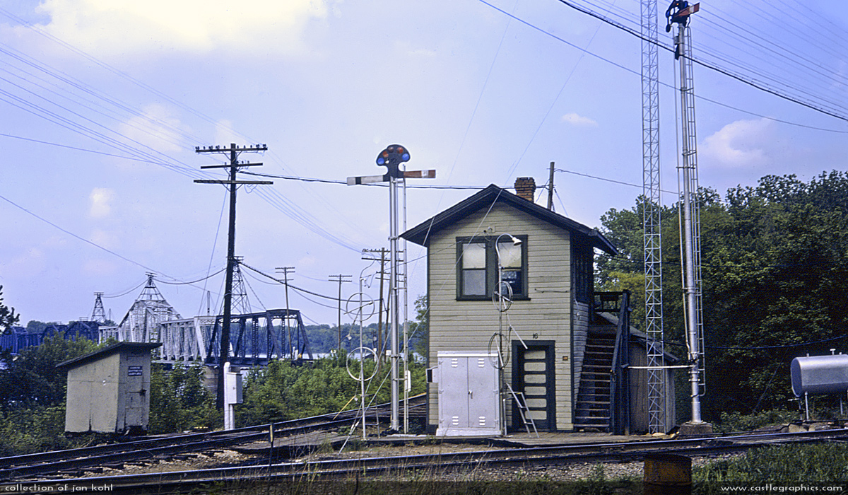 BN-IC Switching Tower in Louisiana, MO 1976
In the background you can see the swing bridge over the Mississippi.  The BN line runs left-right in the foreground, IC runs over the bridge.
