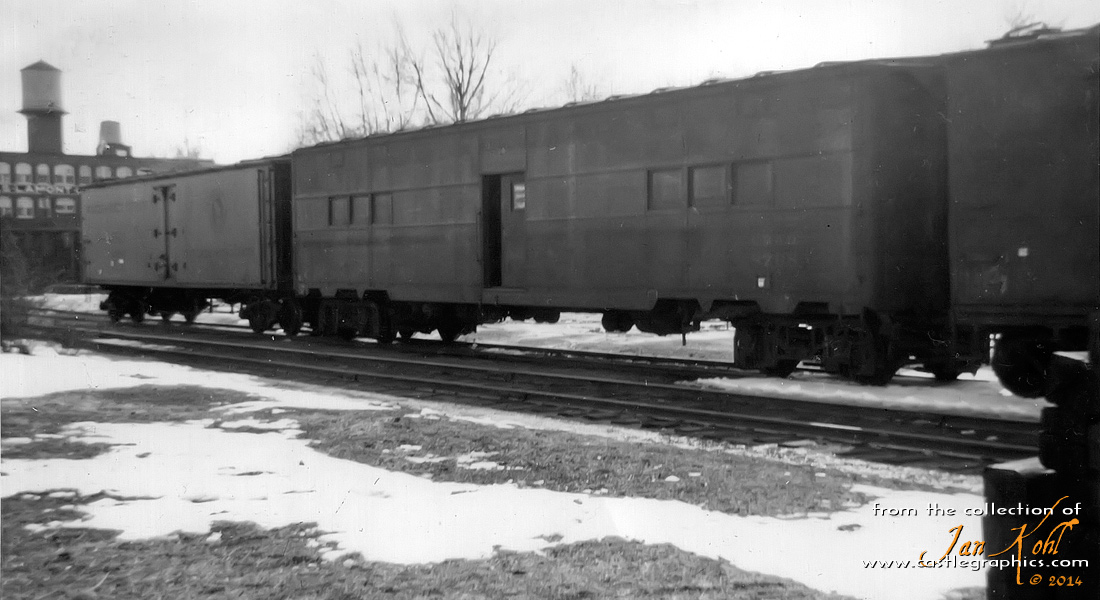 Reefer and CB&Q Express Baggage car at Louisiana, MO.
The express baggage car (CB&Q 8758) was an ex-WWII troop kitchen car, and was often used in Louisiana for loading trees and plants from Stark Bros Nursery.
