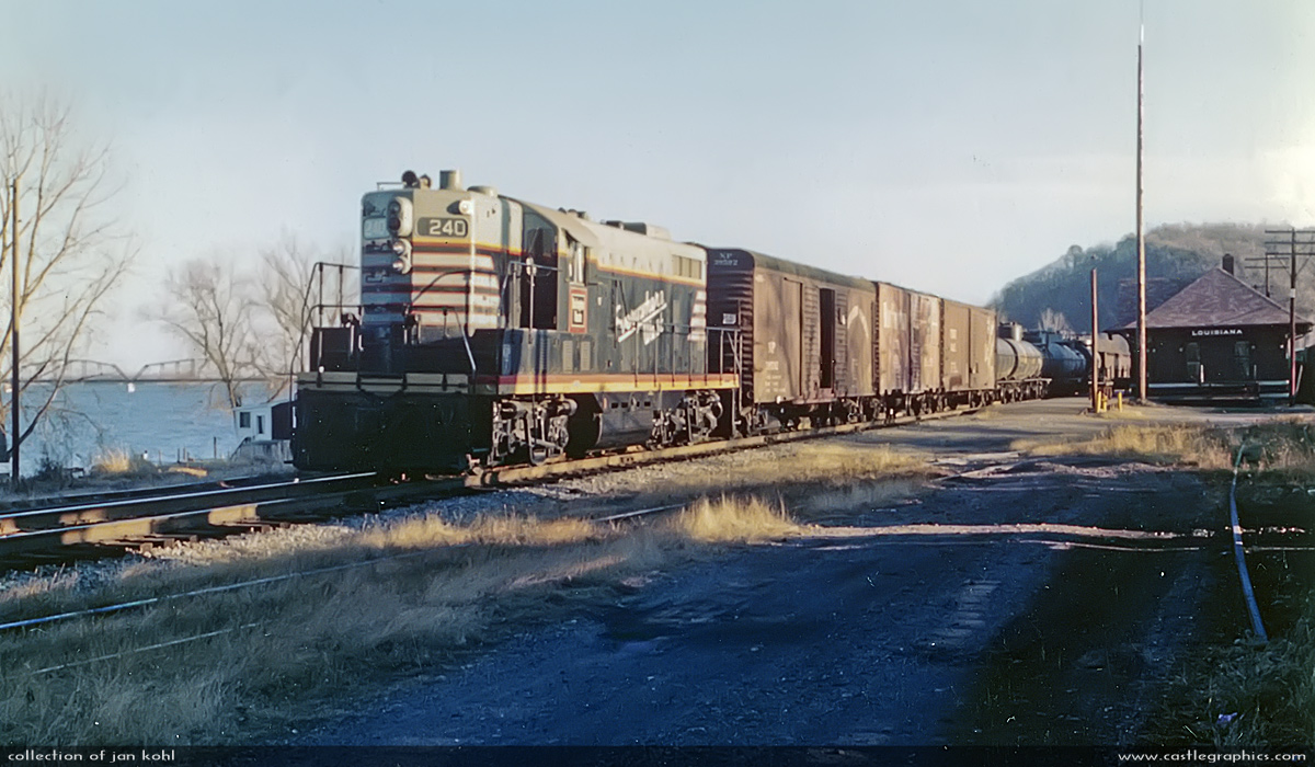 CB&Q #240 GP7, Louisiana, MO
A CB&Q local heads north into Louisiana on a late fall afternoon in 1964.

