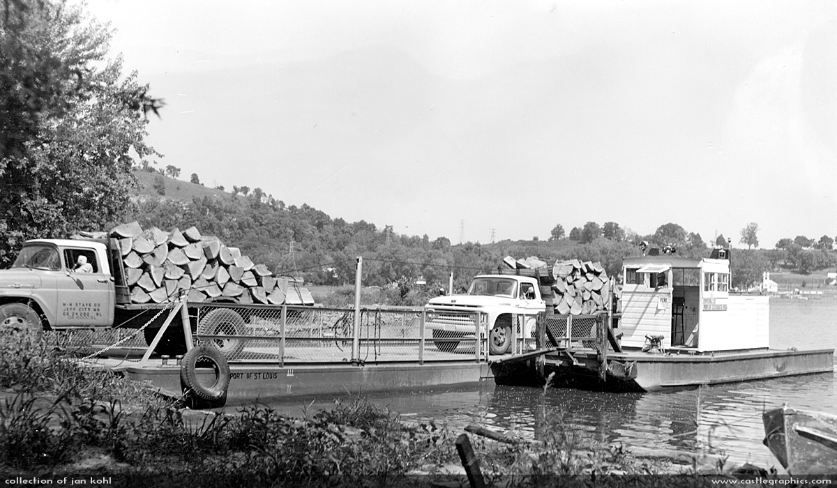 Hamburg Ferry
Two 1961 Ford trucks with some massive split firewood head towards Elsberry from the ferry.  The Hamburg ferry stopped running in the 1970s.
