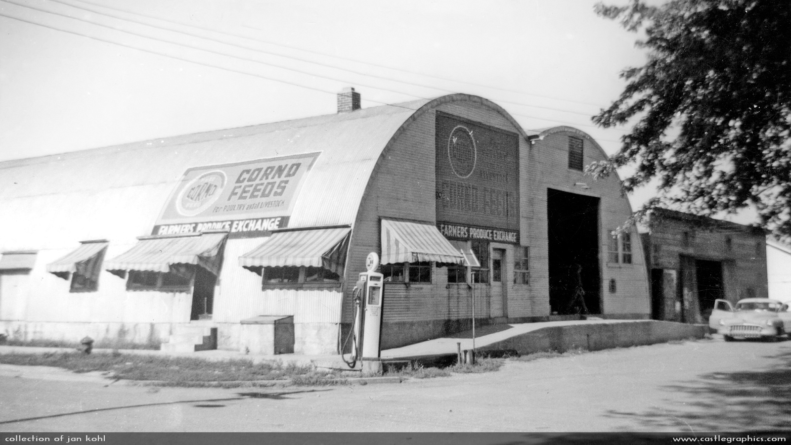 Farmers Produce Exchange in Elsberry
This double Quonset hut feed store was located in Elsberry in the 1950s on the corner of Griffin and 3rd.  It later became Philpott Motors, an auto repair place.  The building is still standing, but abandoned and in bad shape.
