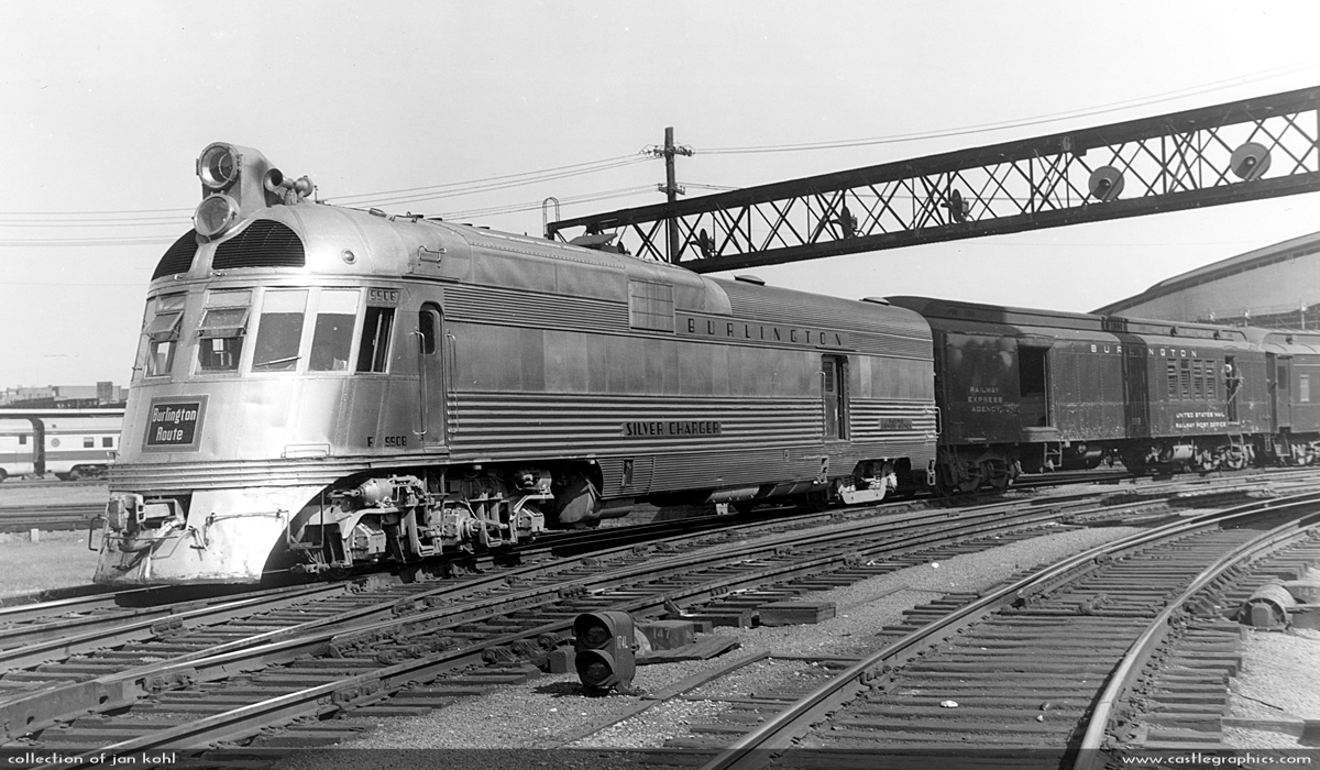 Silver Charger rolling out of St. Louis
Silver Charger heads west out of St Louis on the K-line.  Since the year is unknown, this could be for either the General Pershing Zephyr or the Mark Twain Zephyr, as the Silver Charger was used on both.
