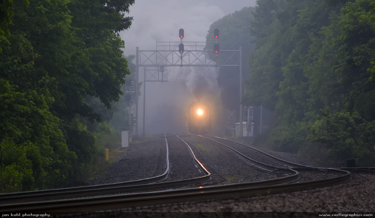 First sight...
A headlight and a plaintive whistle in the mist, and the Norfolk & Western J-class #611 makes it's first mainline appearance under steam in 20 years!
