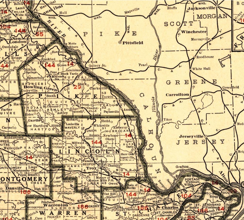 Missouri K-line Route, 1922
K-line.  St. Louis to Burlington.  220 miles.  Not well known in the annuals of rail trips, the K-line was an integral part of the early Chicago, Burlington & Quincy history with infamous trains as the Zephyr-Rocket and Mark Twain Zephyr..  Rumored to be named for the St. Louis, Keokuk and Northwestern Railway who grew the route from a conglomeration of various predecessor railroads, the K-line still retains a scenic & vintage quality not often found on modern railroads.  We will start in Hannibal...
